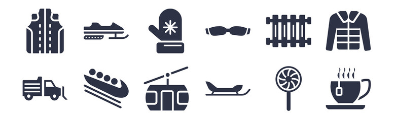12 pack of black filled icons. glyph icons such as hot drink, sledge, bobsled, heater, goggles, mittens, snowmobile for web and mobile apps, logo