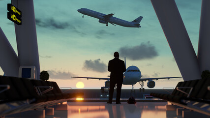 Businessman is waiting in international airport terminal at beautiful sunset.