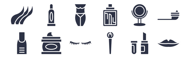12 pack of black filled icons. glyph icons such as woman lips, inclined makeup brush, facial cream, makeup mirror, french perfume, women waist, women makeup for web and mobile apps, logo