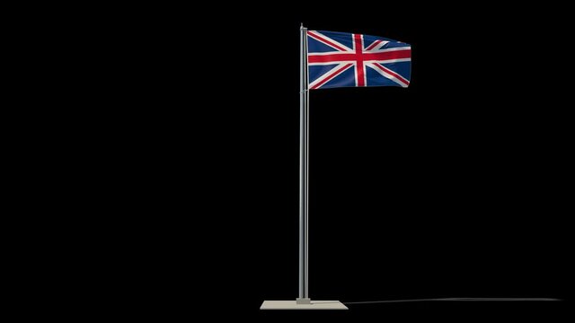 Britain flag on a flagpole in full growth waving in the wind. You can cut this footage from the background (Luma Mattes). The United Kingdom of Great Britain and Northern Ireland.