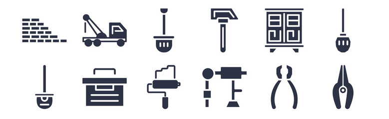 12 pack of black filled icons. glyph icons such as clippers, adjusment system, tool bag, big closet, inclined hammer, big shovel, tow truck for web and mobile apps, logo