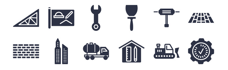 12 pack of black filled icons. glyph icons such as progress, interior de, , hydraulic breaker, scraper, spanner, construction plan for web and mobile apps, logo