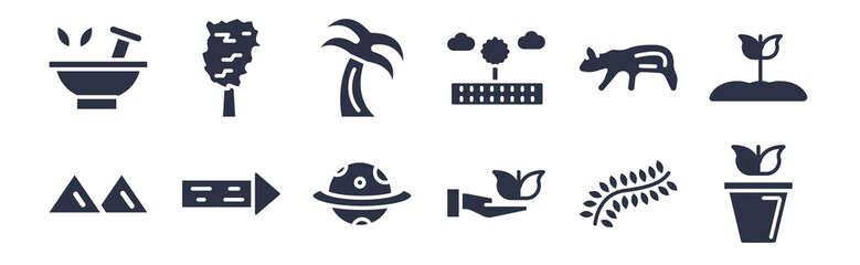 12 pack of black filled icons. glyph icons such as flower pot, cultivation, wood board, polar, prairie, palm islands, chestnut oak tree for web and mobile apps, logo