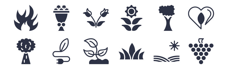 12 pack of black filled icons. glyph icons such as grapevine, agave, eco energy source, tree with big foliage, flower of leaves, two roses, flower bouquet for web and mobile apps, logo
