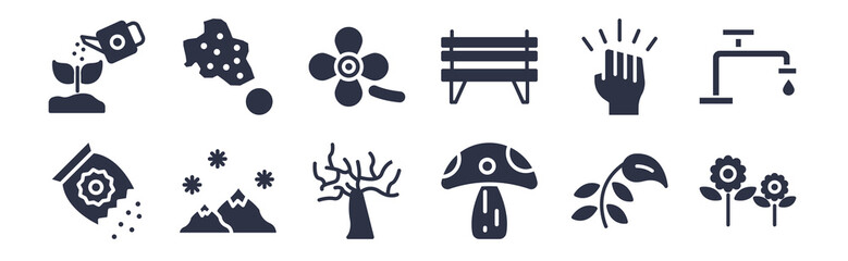 12 pack of black filled icons. glyph icons such as pair of flowers, mushroom with spots, mountains and falling snowflakes, determination, park bench, clovers, asteroids for web and mobile apps, logo
