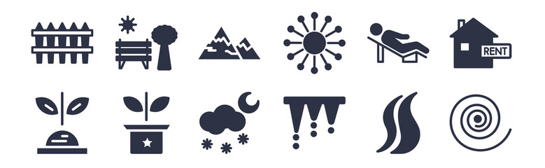 12 pack of black filled icons. glyph icons such as whirlpool, melting, flowerpot, therapy, sun flare, snowed mountains, sunny park for web and mobile apps, logo