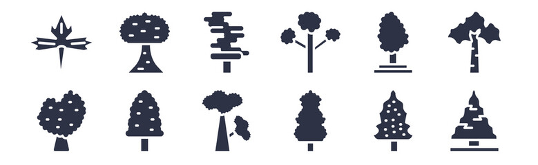 12 pack of black filled icons. glyph icons such as arborvitae tree, white ash tree, quaking aspen tree, black birch gray birch paper birch the maples for web and mobile apps, logo