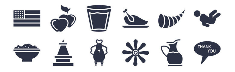 12 pack of black filled icons. glyph icons such as thank you, chrysanthemum, pilgrim, cornucopia, thanksgiving, glass of water, apples for web and mobile apps, logo
