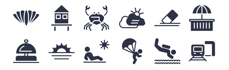12 pack of black filled icons. glyph icons such as station, parasailing, sunset, rubber, cloudy, crab, bungalow for web and mobile apps, logo