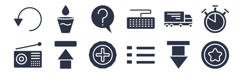 12 pack of black filled icons. glyph icons such as star point, menu bars, upload arrow with bar, big cargo truck, computer keyboard, question message, glass of water with drop for web and mobile