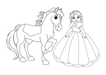Cute Princess and horse Coloring Book Page
