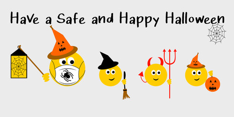 Fototapeta premium Stay safe this Halloween text, Adult emoji wearing face mask with children dressed for trick or treat at Halloween, covid 19 concept