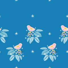 Fototapeta na wymiar Vector horizontal botany winter berry bird border. Hand drawn folk art style design with bird, plant and snow flake in blue tones. All over print. Perfect for christmas season and winter holiday.