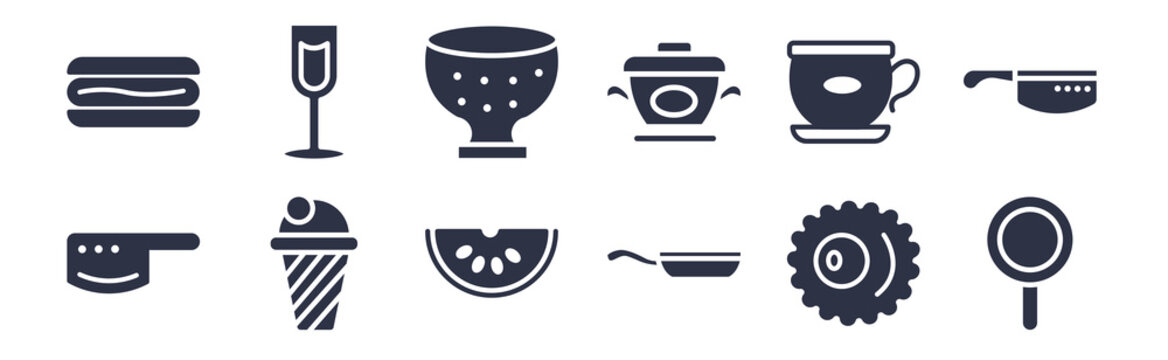 12 pack of black filled icons. glyph icons such as frying pan from top, lateral pan, two balls ice cream cone, breakfast cup, pot with cover, candy balls, wide glass for web and mobile apps, logo
