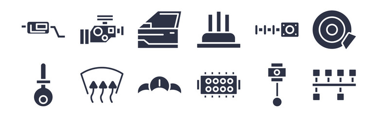 12 pack of black filled icons. glyph icons such as car crankshaft, car cylinder head, car demister, distributor, distributor cap, door, engine for web and mobile apps, logo