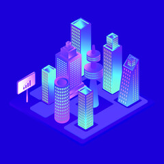 Isometric city of violet colors, building town street. Ultraviolet illustration of isometry for the Smart city design concept. Vector illustration.