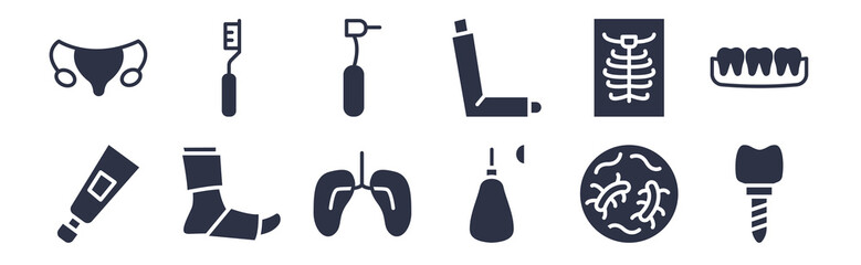 12 pack of black filled icons. glyph icons such as implants, anesthesia, plaste foot, x ray, inhalator, dental drill, tooth brush for web and mobile apps, logo