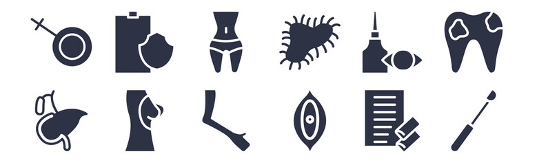 12 pack of black filled icons. glyph icons such as electric toothbrush, woman intimate body part, breast implant, eye drops, microbe, fit, medical insurance for web and mobile apps, logo