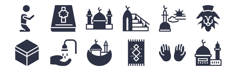 12 pack of black filled icons. glyph icons such as islamic mosque, islamic praying carpet, islamic wudu, maghrib prayer, minbar, mosque and minaret, mushaf for web and mobile apps, logo