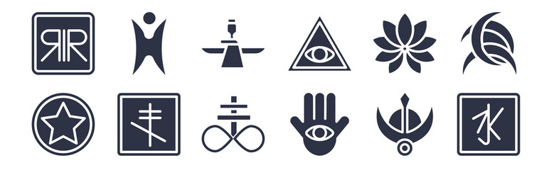 12 pack of black filled icons. glyph icons such as confucianism, semitic neopaganism, orthodox, ayyavazhi, caodaism, faravahar, humanism for web and mobile apps, logo