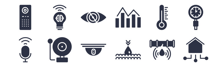 12 pack of black filled icons. glyph icons such as automation, deep, fire alarm, thermostat, chart, blind, smart for web and mobile apps, logo
