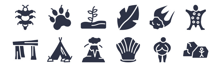 12 pack of black filled icons. glyph icons such as cave painting, shellfish, tipi, meteor, leaf, plant, paw print for web and mobile apps, logo