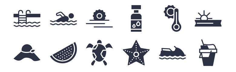 12 pack of black filled icons. glyph icons such as sand bucket and shovel, sea star, slice of melon, summer temperature, sunscreen, sunset at sea, swimming person for web and mobile apps, logo