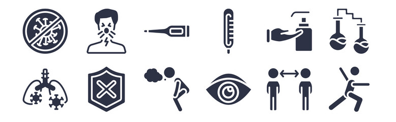 12 pack of black filled icons. glyph icons such as physical, eye, unprotected, hand sanitizer, temperature, thermometer, cover cough for web and mobile apps, logo