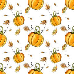 Pumpkins seamless pattern. Thanksgiving background with orange pumpkins. Vegetable background.