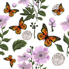 Fototapeta na wymiar A seamless background with beautiful pink flowers and with butterflies. Vector illustration
