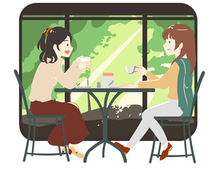 カフェで友達と過ごす女性　森林窓枠付き(線無し)