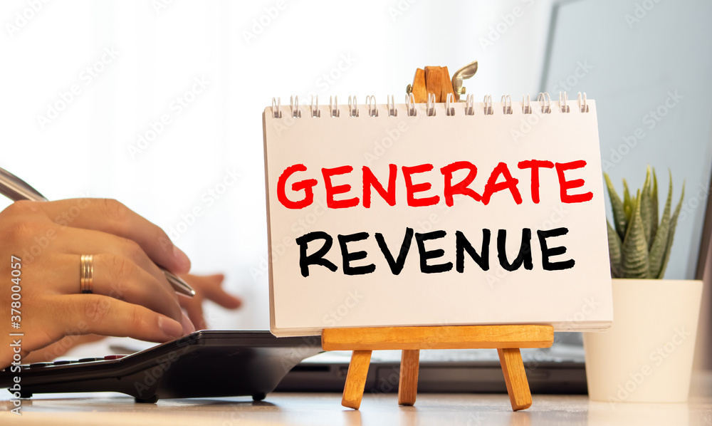 Poster red pen and notepad with text generate revenue in the white background