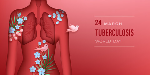 World Tuberculosis Day vector illustration. Red woman silhouette in paper layered style with shadow.