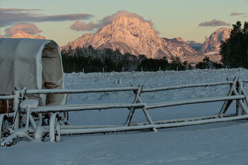 Mt Moran at sunrise after snowstorm;  Jackson Hole;  Wyoming