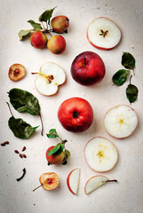 Set of fresh whole and cut apple and slices. From top view