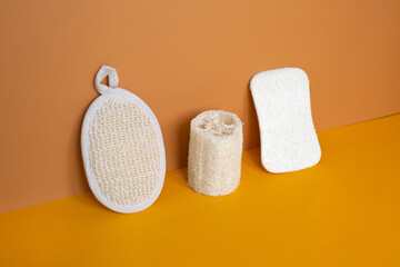 Set of zero waste bathroom essentials on brawn monochrome color.