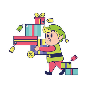 elf carrying colorful christmas gifts clip art preview
