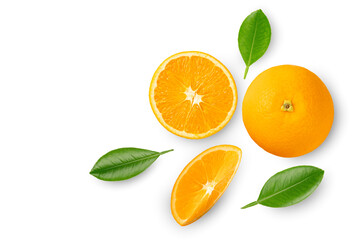  Fresh orange fruit with sliced and leaves isolated on white background.