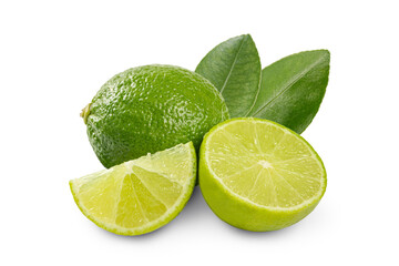 Fresh lime with sliced and leaves isolated on white background.
