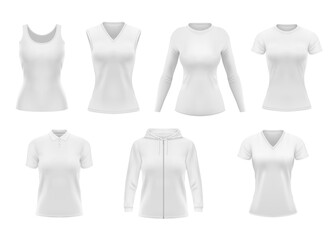 Women clothes isolated vector tshirt, hoodie and polo shirt with singlet and longsleeve apparel mockup. Realistic 3d female garment, white underwear template. Blank clothing design, outfit objects set