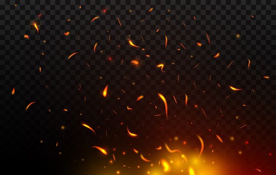 Bonfire sparks flying up, vector fire, burning glowing red and orange particles. Realistic 3d flame of fire with sparks flying in air. Firestorm, balefire isolated on black transparent background