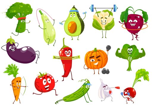 Vegetables sportsmen, vector broccoli, squash and avocado, cauliflower and beetroot. Eggplant, chili petter and pumpkin, spinach, carrot and tomato with cucumber, garlic and radish cartoon veggies