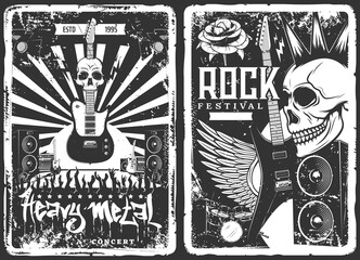 Rock concert, music band party festival, vector grunge vintage poster with skull punk and electric guitar. Hard rock and heavy metal music concert fest, drums and loudspeakers, rose and wings
