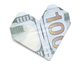 Origami heart made of dollar banknote on white background