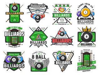Billiards pool game, snooker sport club icons, vector poolroom championship and tournament. Billiards royal club and pool snooker signs of cues, 8 eight ball with wing, triangle rack and green table - obrazy, fototapety, plakaty