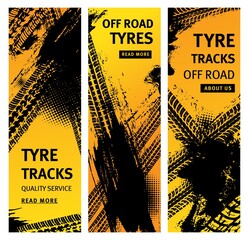 Tire prints, car offroad tyre tracks with grunge vector marks. Bike race, vehicle, transportation, automobile or motorbike off road print quality service banners with dirty wheels trace pattern set © Vector Tradition