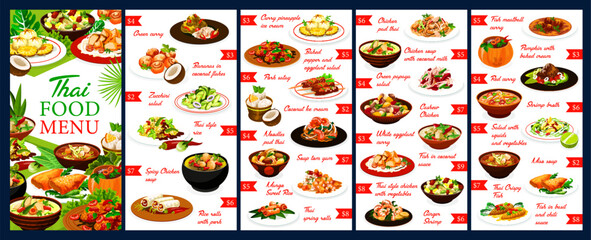Thailand restaurant meals menu design vector template. Thai cuisine food with chicken, fish and shrimps, dishes with coconut and rise, curry, soup and noodles, baked vegetables and fruit ice cream - obrazy, fototapety, plakaty