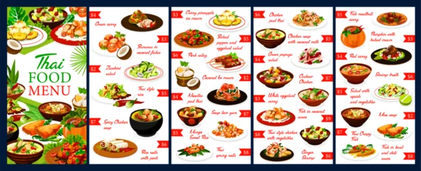 Fotobehang Thailand restaurant meals menu design vector template. Thai cuisine food with chicken, fish and shrimps, dishes with coconut and rise, curry, soup and noodles, baked vegetables and fruit ice cream © Vector Tradition