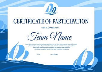 Yacht regatta diploma, award certificate vector template. Sea sailing victory celebration border design with sail boats on ocean waves. Diploma for participation or best result achievement in regatta
