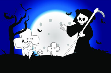 Ilustración de vector para el día de Halloween, noche oscura y aterradora, muerte merodeando en un cementerio, la mano de un hombre muerto que sale de su tumba, luna en el fondo
